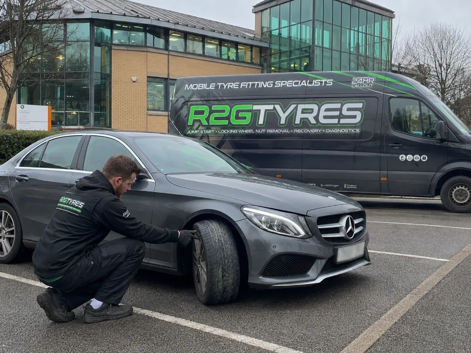 Mercedes C-class Car Tyre fitting at workplace in Nottingham City Centre
